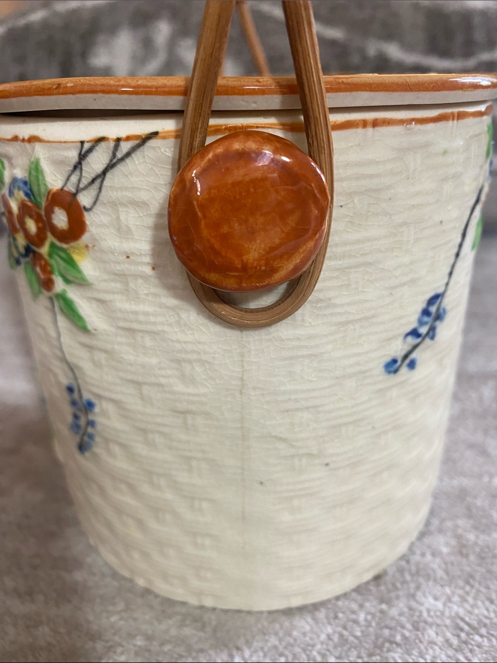 Cream Ceramic Floral Biscuit Jar with Wicker-Style Handle - Picture 6 of 10